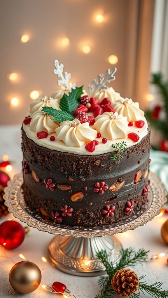 A luxury Christmas cake decorated with marzipan and icing, surrounded by festive decorations.